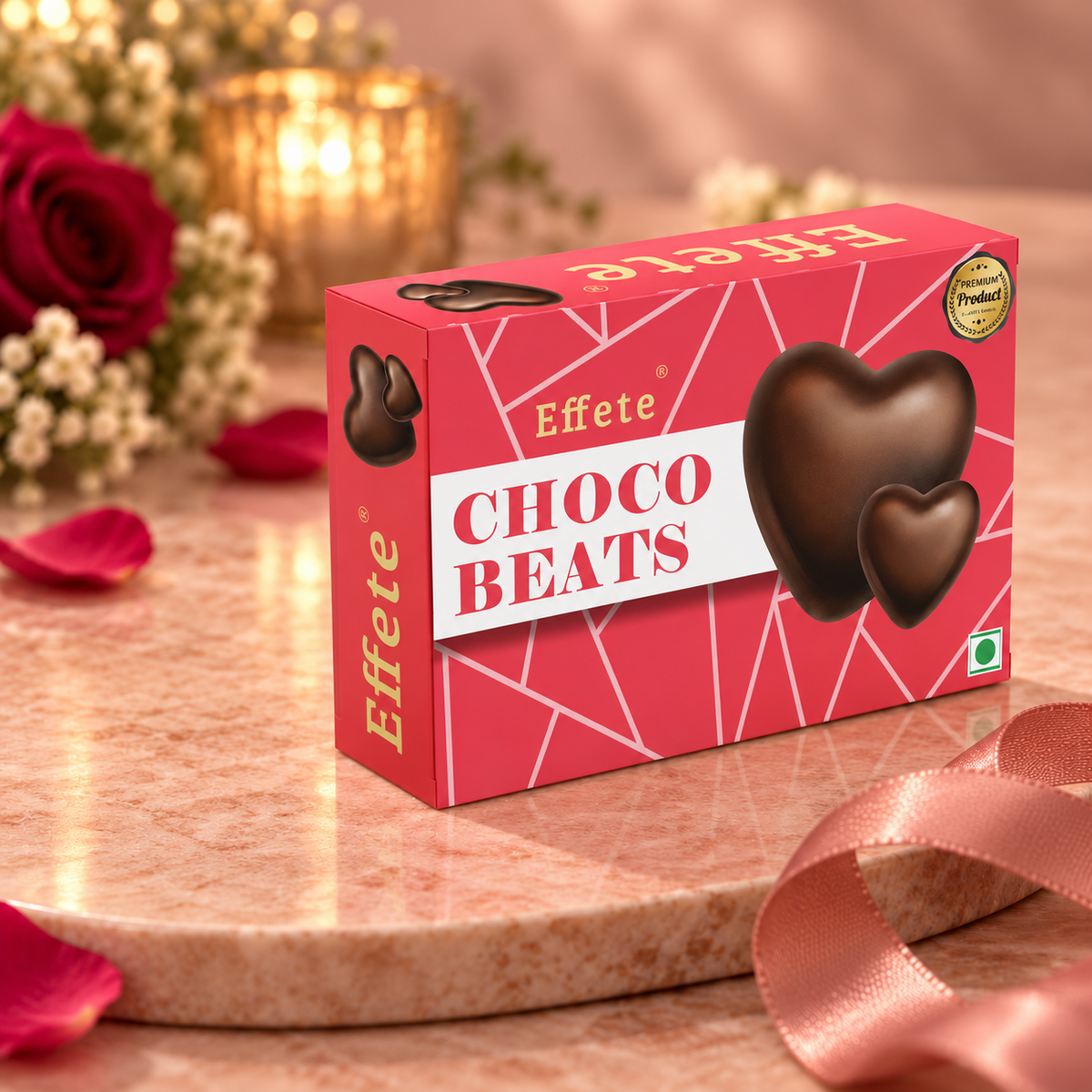 Pink box of heart chocolates on marble with red rose and candle, ribbon nearby.