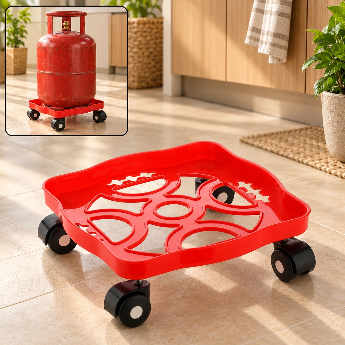 DeoDap square plastic gas cylinder trolley.