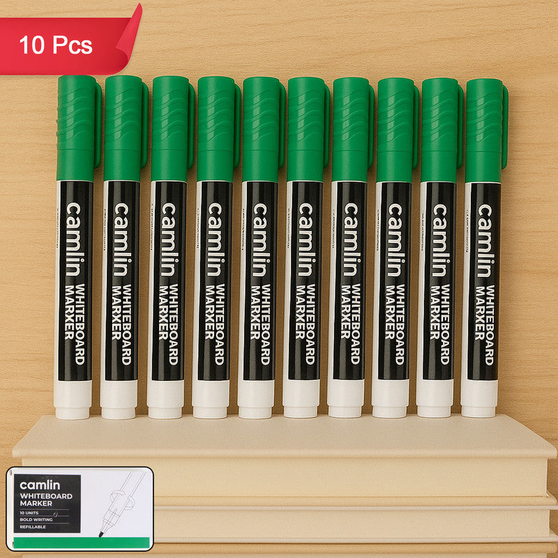 Camlin Whiteboard Marker – Green Colour, Bold & Refillable Ink, Smooth Writing Marker for Whiteboards – Pack of 10