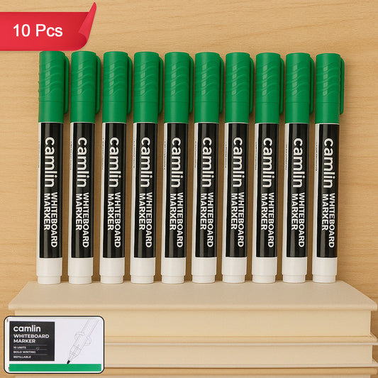 Camlin Whiteboard Marker – Green Colour, Bold & Refillable Ink, Smooth Writing Marker for Whiteboards – Pack of 10