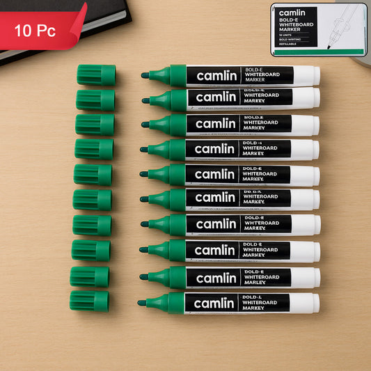 Camlin Bold-E Whiteboard Marker – Green Color Bold Writing Refillable Markers (Pack of 10)