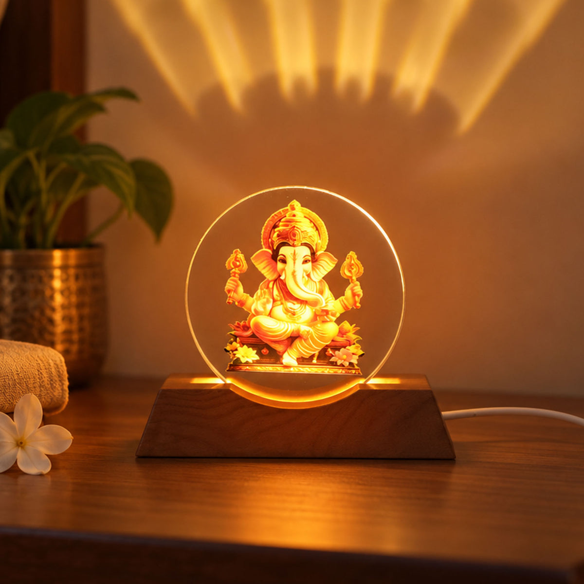 3D Ganesha Acrylic LED Lamp with Warm Golden Glow for Decor (1 Pc)