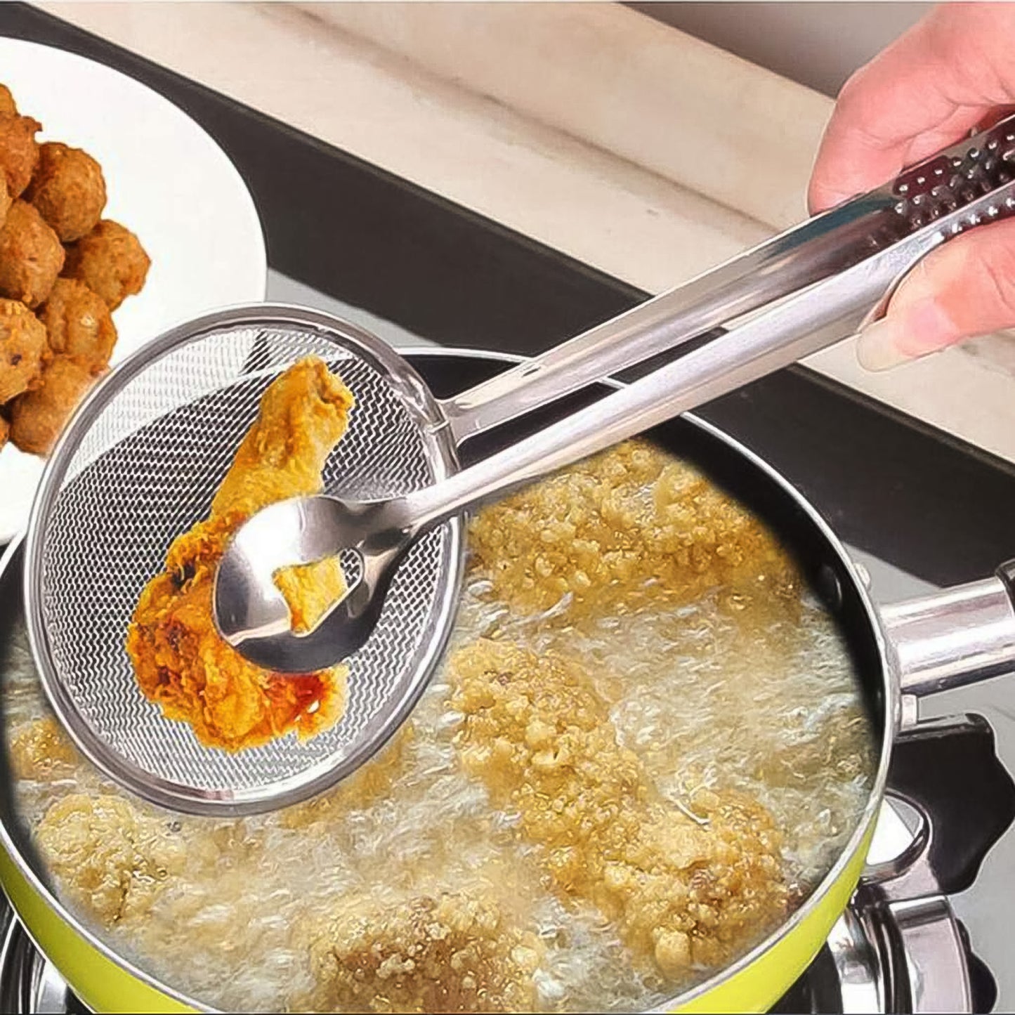 2इन1 स्टेनलेस स्टील फ़िल्टर चम्मच क्लिप के साथ भोजन रसोई तेल-फ्राइंग बहु-कार्यात्मक