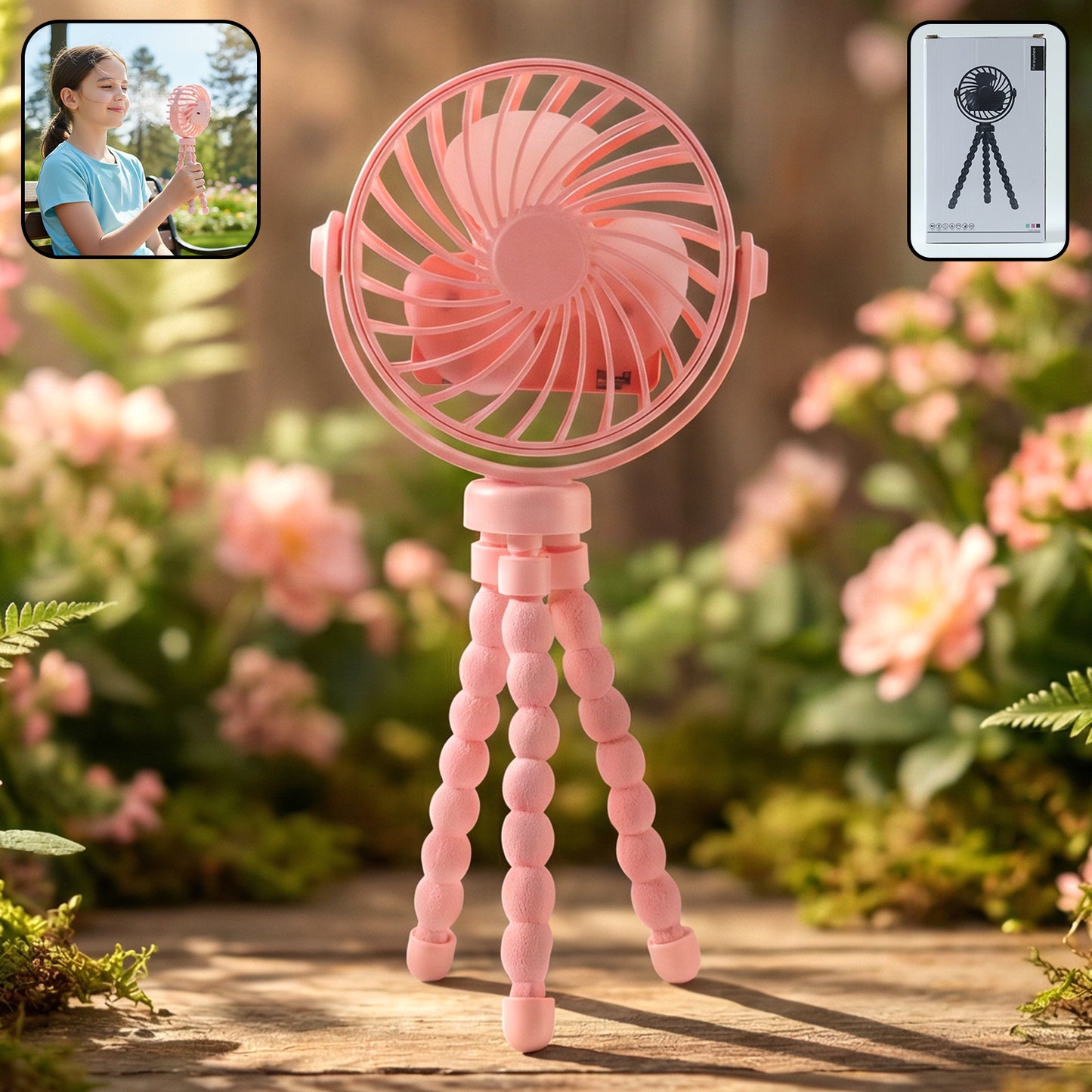 Portable LED light fan with flexible tripod stand on desk