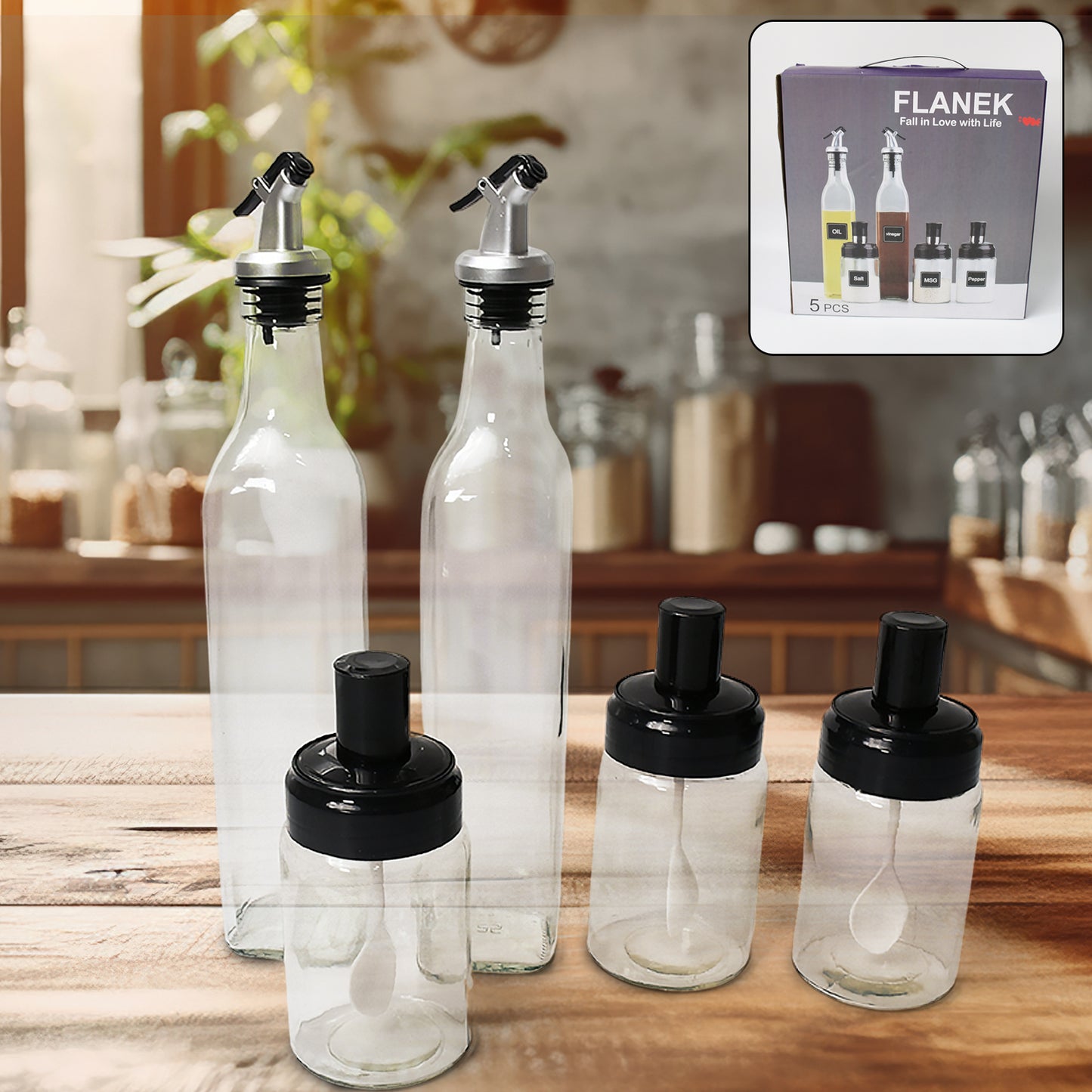 Transparent Glass Oil Dispenser 500 ML Bottle Set of 2, Spice Jar 250 ML Set of 3, Oil Bottle for Kitchen, Oil & Vinegar Storage Glass Bottle, Glass Container for Spice, Masala (5 Pcs Set)