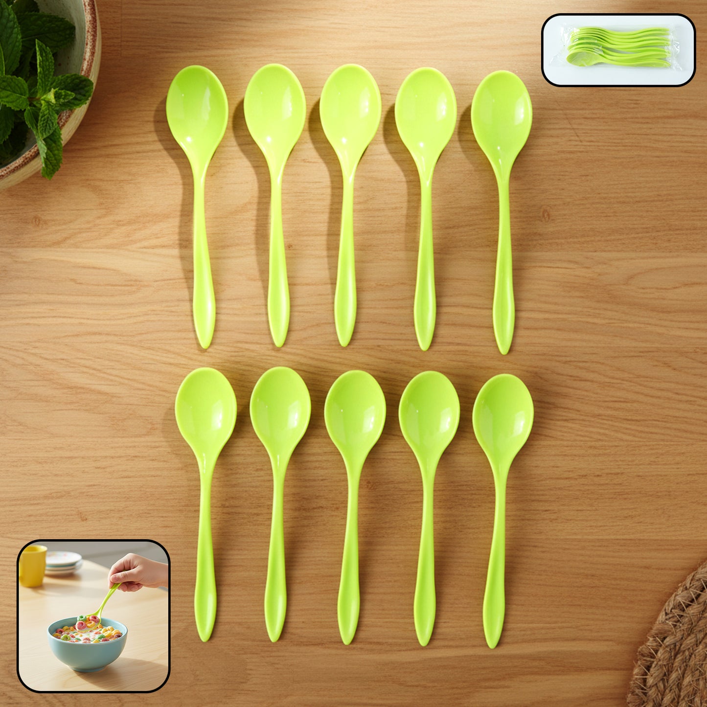 Set of 10 fancy plastic spoons laid out on white background