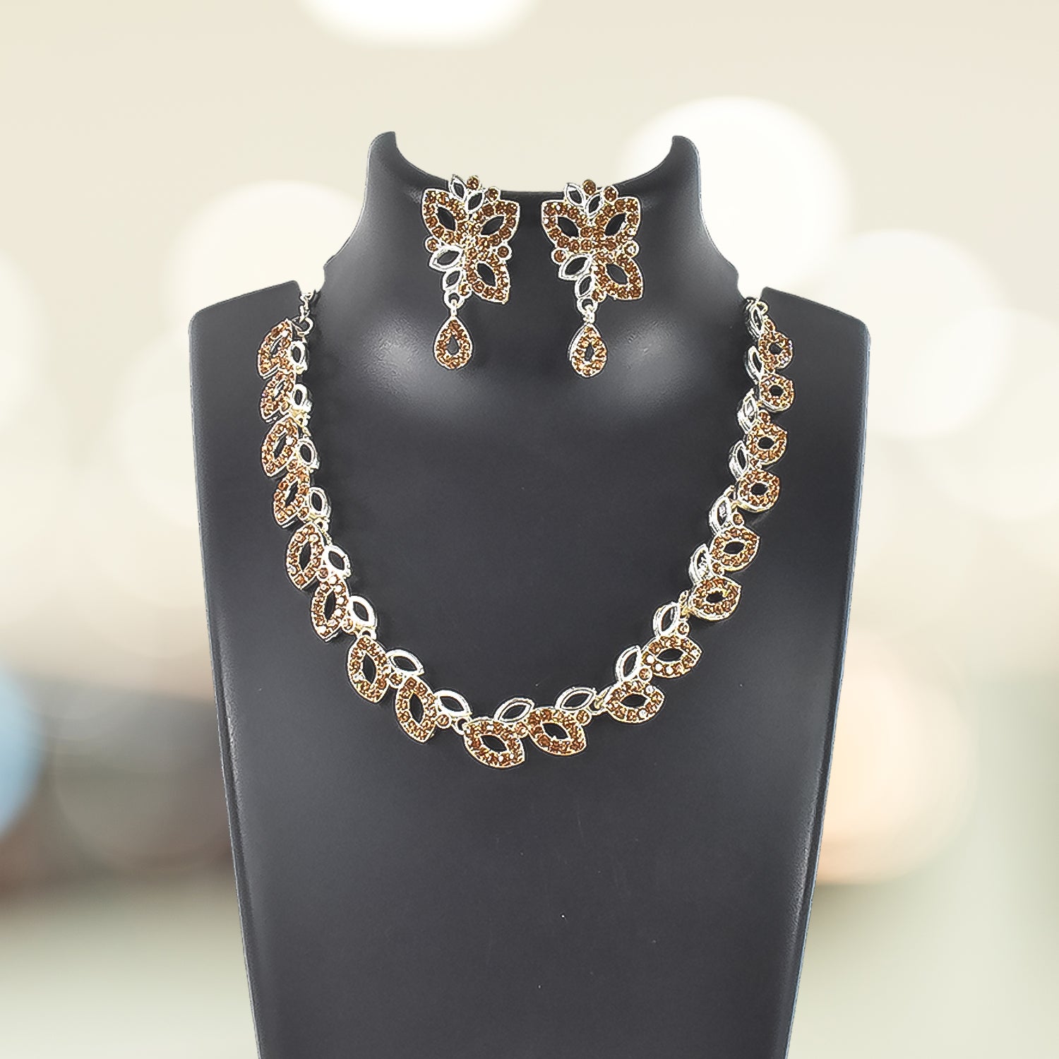 American Diamond Studded Floral Shaped Necklace With Earrings