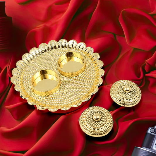 Sacred Round Puja Thali with Kumkum holders
