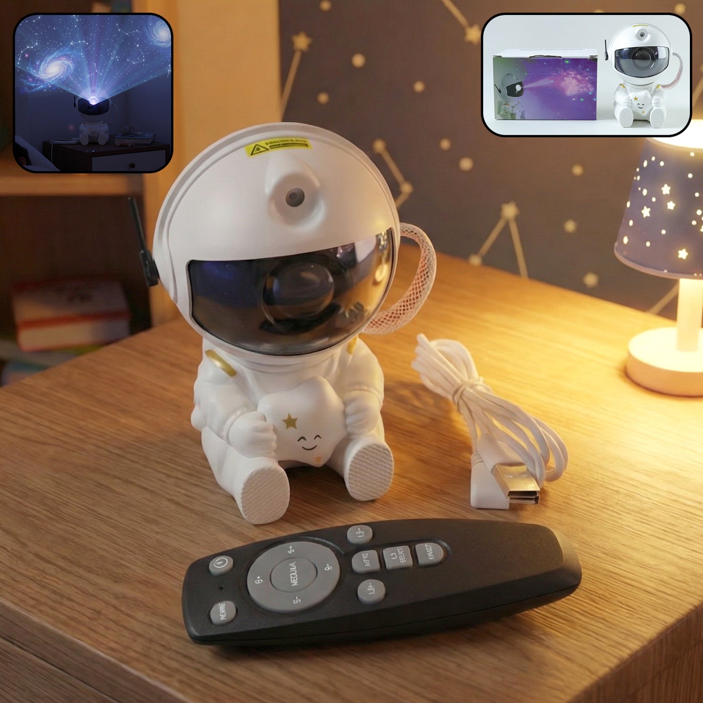 Astronaut Galaxy Star Projector Night Light angled view