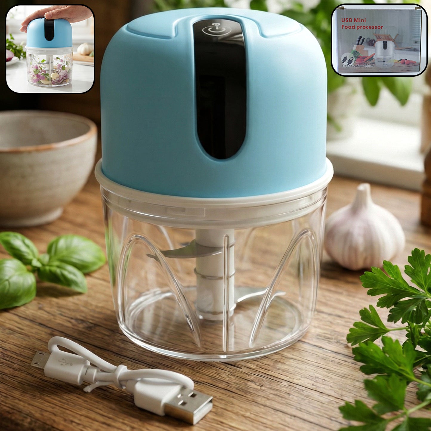 Wireless USB Rechargeable Mini Electric Garlic Machine / Chopper 3 Blades (300Ml)