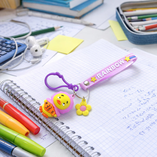 Cute Rainbow Strap Cartoon Duck Keychain on white background