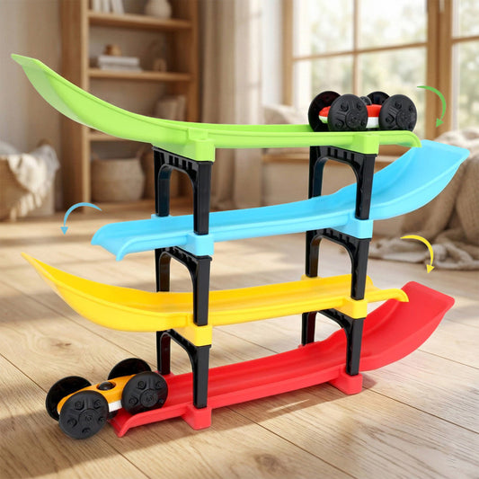 Aditi 4-Layer Colourful Ramp Racer Track Set with 2 Big-Wheel Cars & Connectors – Sturdy ABS Track Toy for Kids