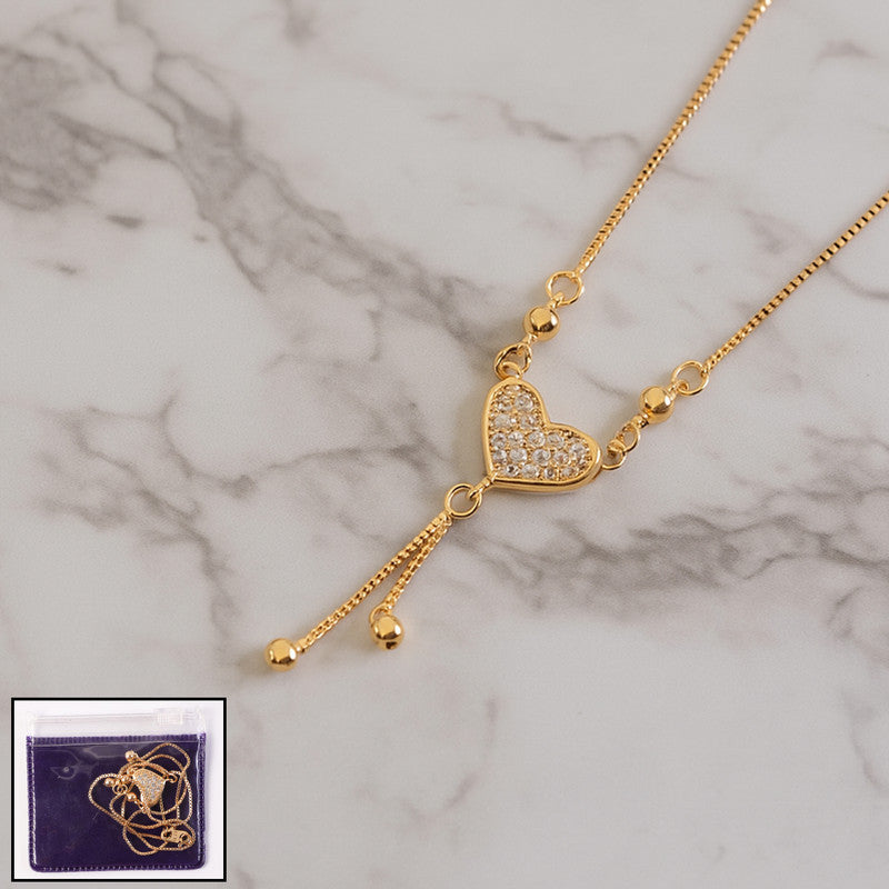 Sparkling Heart Drop Pendant Necklace – Gold-Plated Chain for Women