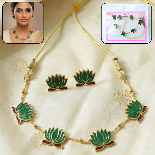 Green Lotus Necklace with Adjustable Thread & Stud Earrings Set