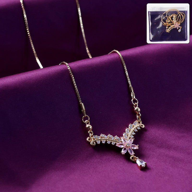 Elegant Floral V-Shape Pendant Necklace – Gold-Plated Chain with Sparkling Stones