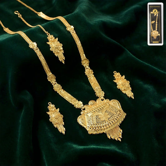 Majestic Gold-Finish Long Necklace Set with Intricate Traditional Craftwork
