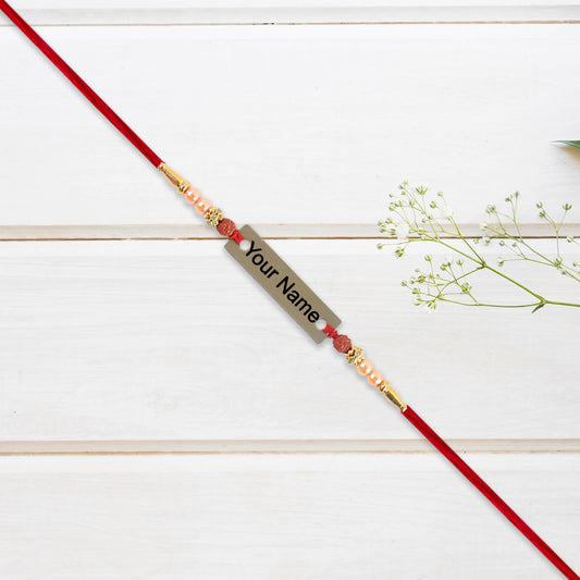 Personalized Rudraksha Rakhi with custom name plate for brother