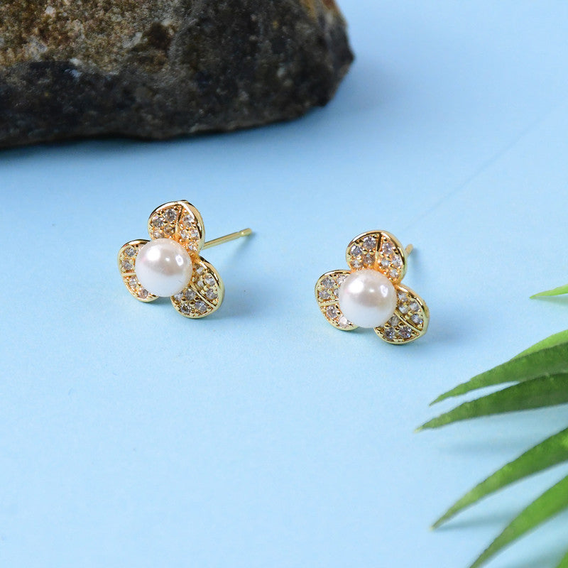 Pearl Center Clover Design Stud Earrings with Gold Finish for Women