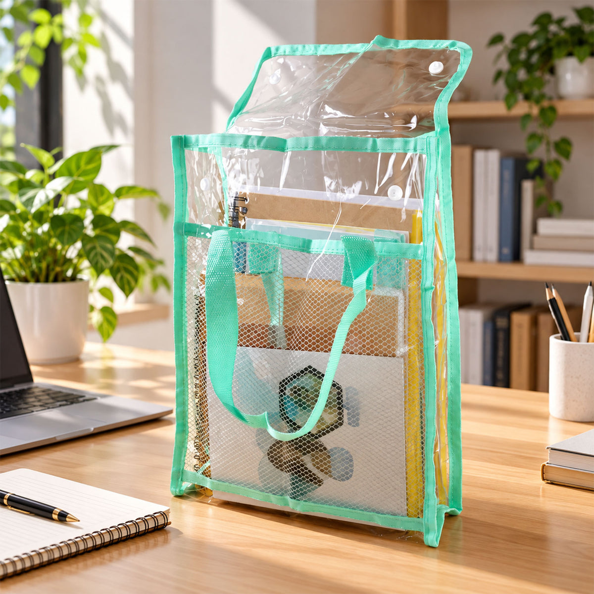 A clear green document bag with a mesh pocket and a snap-button flap, filled with papers, on a wooden office desk.