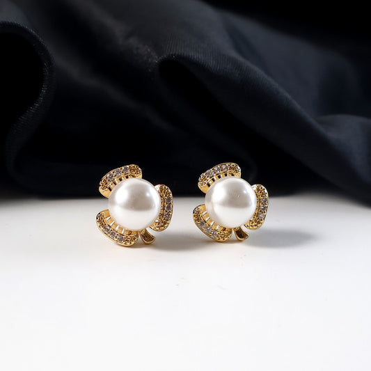 Elegant Pearl and CZ Stone Designer Stud Earrings for Women