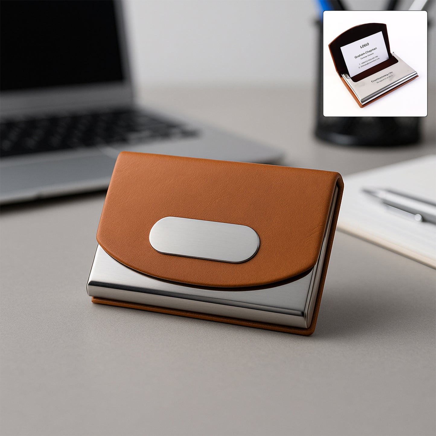 Leather & Stainless-Steel Business Card Holder (1 Pc)