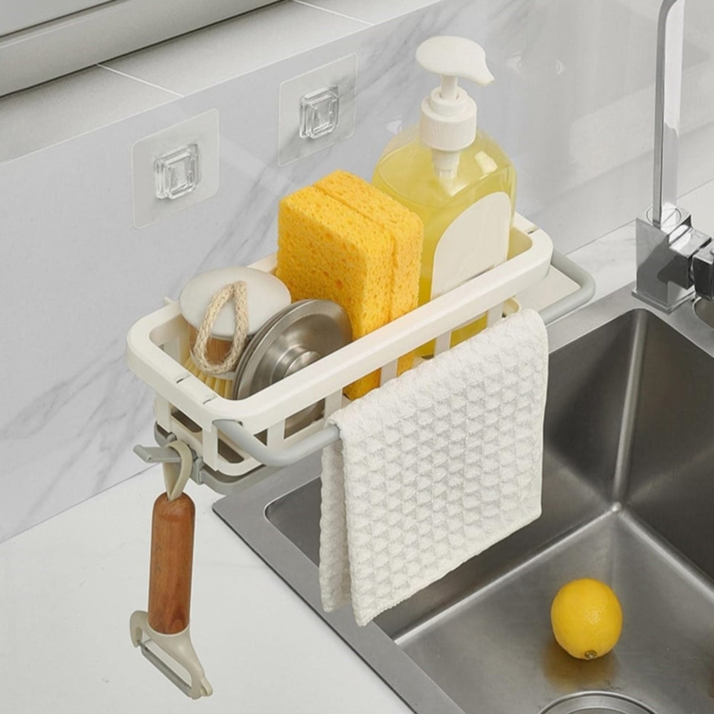 Side view of retractable kitchen sink hanging rack