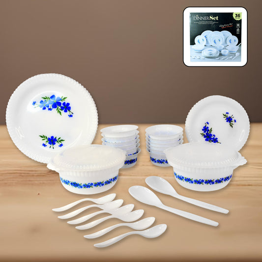 Premium 36-piece plastic dinner set with vibrant blue floral pattern