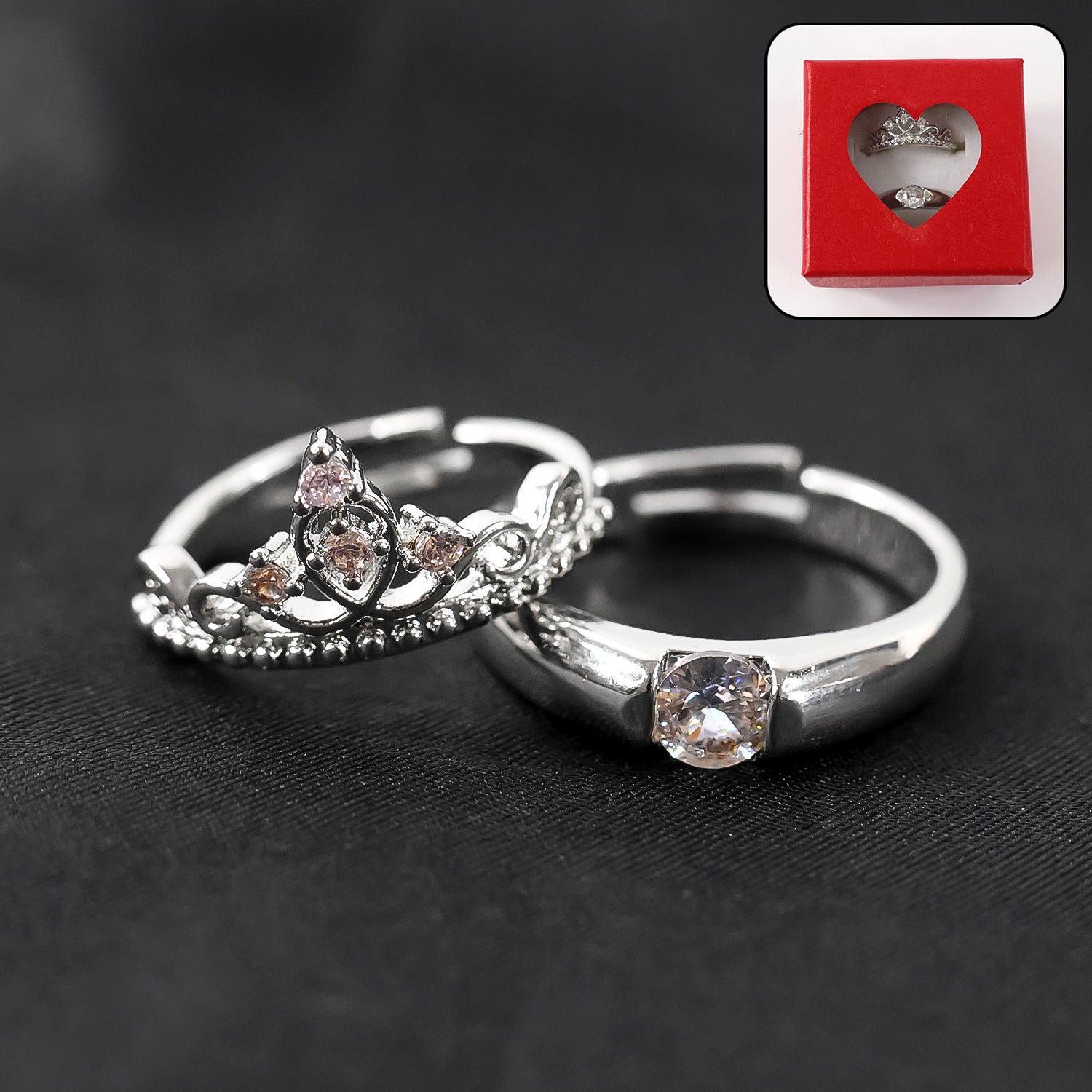 Sterling Oxidised Silver Couple Ring Gift With Attractive Red Love Box (2Pcs)