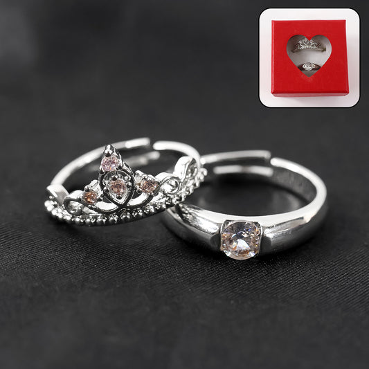 Sterling Oxidised Silver Couple Ring Gift With Attractive Red Love Box (2Pcs)