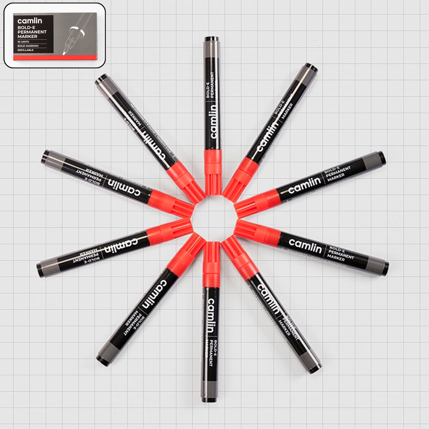 Camlin Bold-E Permanent Marker – Refillable Bold Writing (Red, Pack of 10)