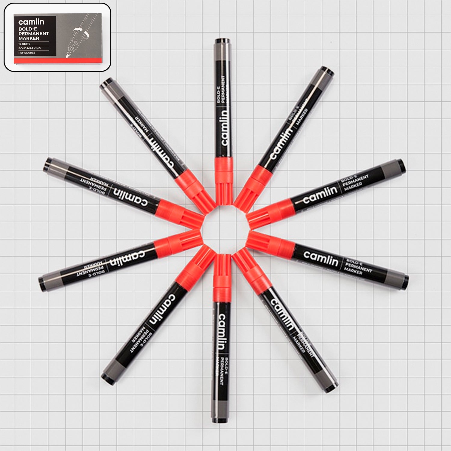 Camlin Bold-E Permanent Marker – Refillable Bold Writing (Red, Pack of 10)
