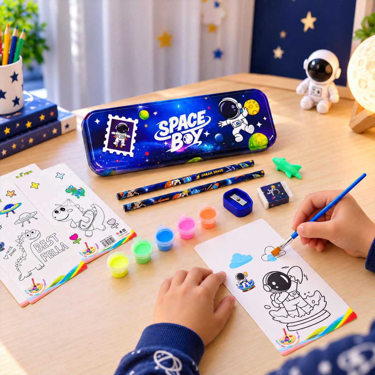 Kids Stationery Kit for School with Pencil Box, Paints and Colour Cards (1 Set)