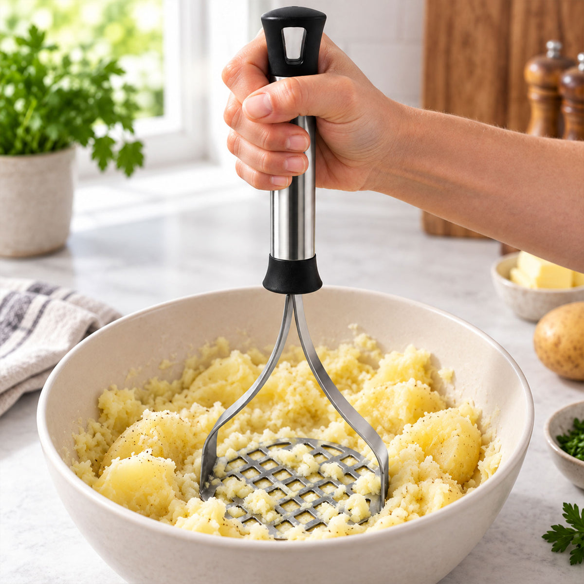 Apex Stainless Steel Potato Masher, Pav Bhaji Masher with Grip Handle (1 Pc)