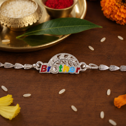 Brother Enamel Filigree Leaf Motif Silver Chain Designer Rakhi