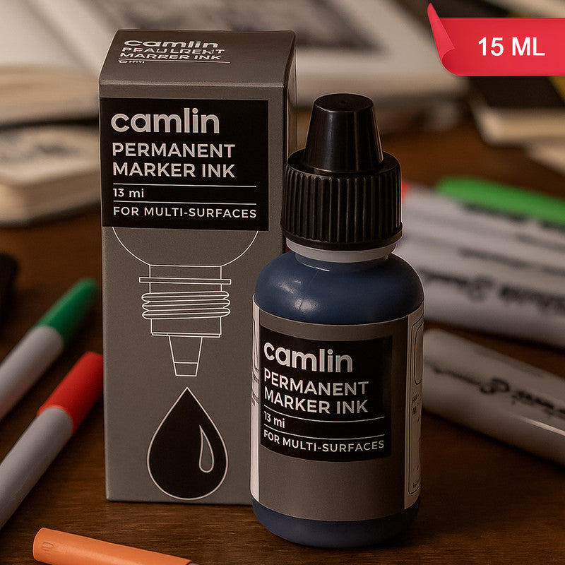 Camlin Permanent Marker Ink 15 ml – Black Color Refill Ink for Multi-Surfaces