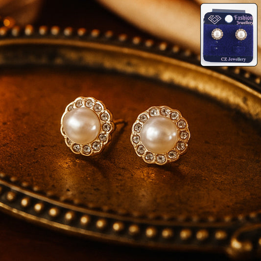 Classic Round Pearl and CZ Stone Stud Earrings for Women