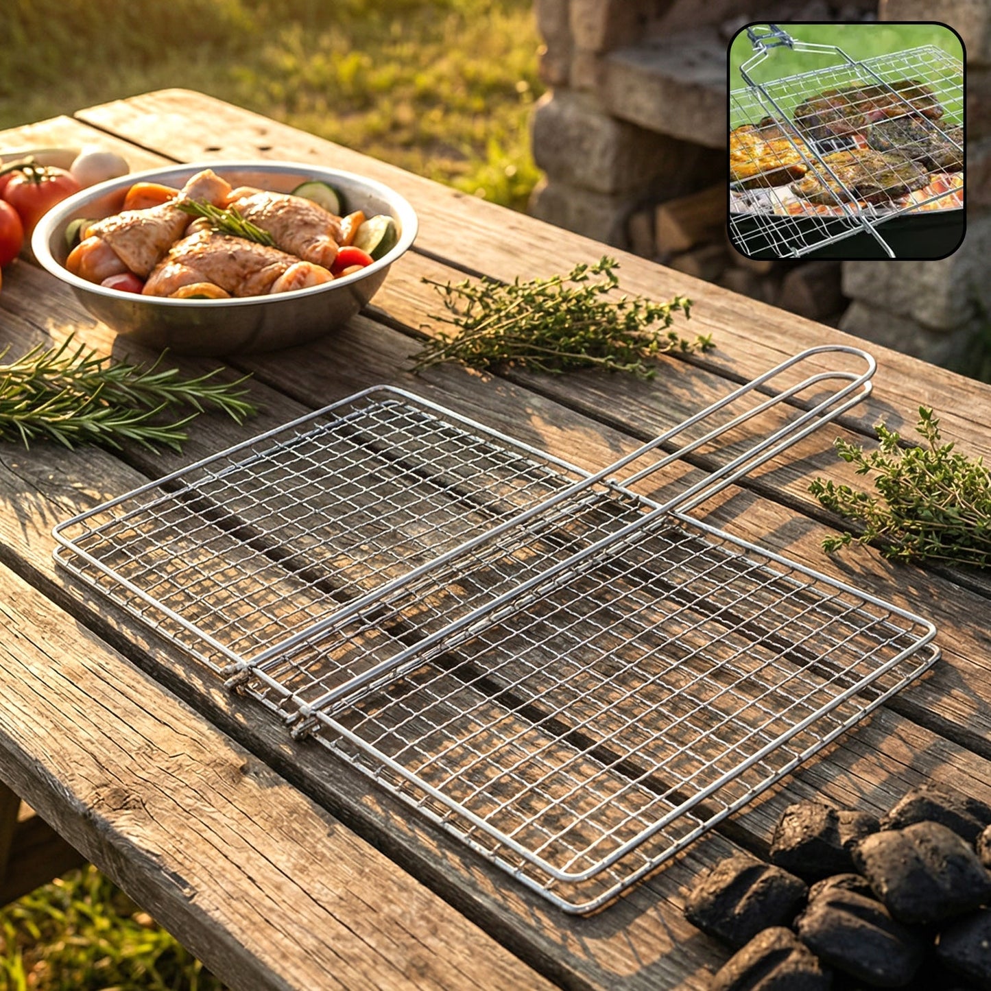 BBQ grill basket holding assorted vegetables and meat