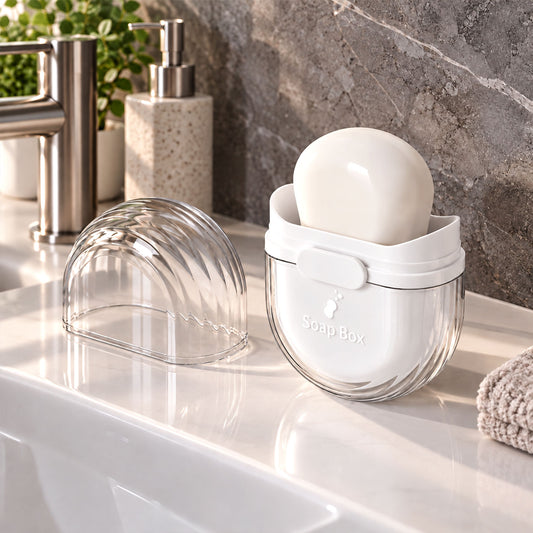 A clear and white oval soap box with a bar of soap inside, displayed open on a bathroom counter. The clear lid is next to it.
