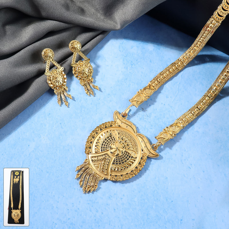 Gold-Tone Designer Necklace Set with Intricate Circular Pendant & Matching Statement Earrings