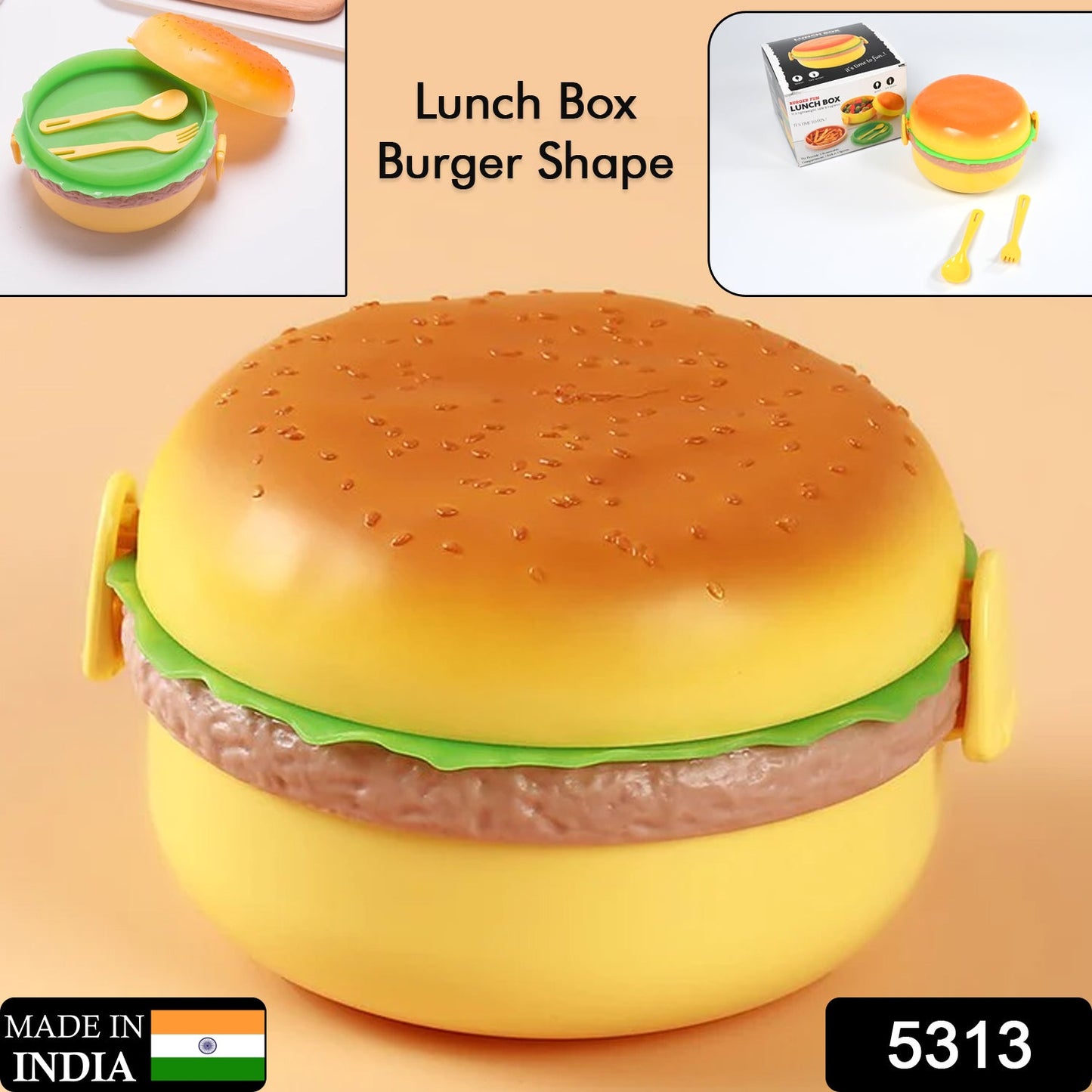 5313 બર્ગર શેપ લંચ બોક્સ પ્લાસ્ટિક લંચ બોક્સ ફૂડ કન્ટેનર સેટ ડબલ લેયર લંચબોક્સ 1000ml 2 ચમચી સાથે બાળકો અને પ્રાથમિક શાળાના વિદ્યાર્થીઓને લાગુ પડે છે