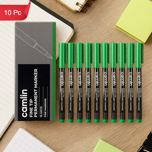 Camlin Fine Tip Permanent Marker – Green Color Precise Writing Markers (Pack of 10)