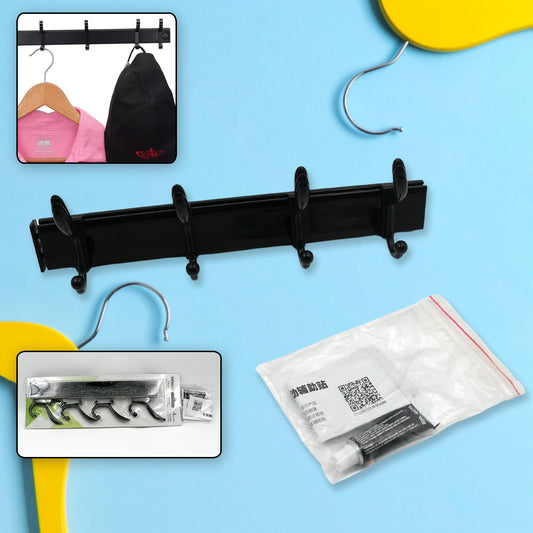 Wall mounted 4-hook coat hanger showing wood and metal design