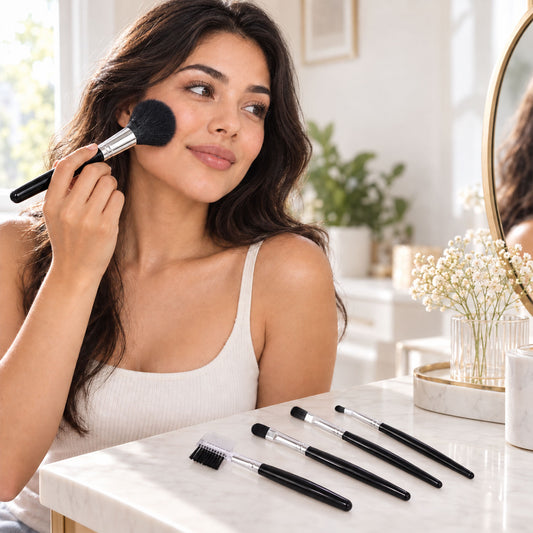 A woman applies powder to her cheek with a large black brush, with four other brushes on a white table.