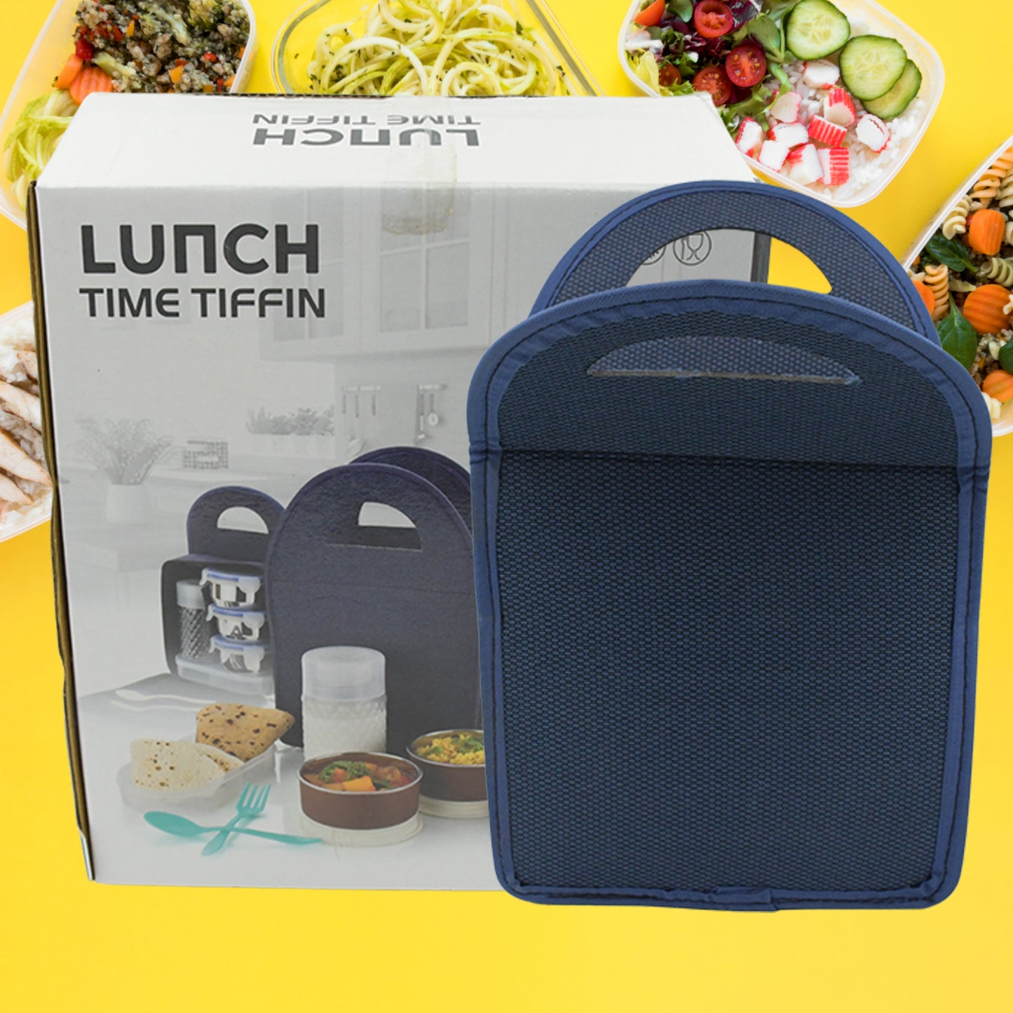 6In1 Tiffin Box-Lunch Box | 3 Stainless Steel Containers | Plastic lid Box | Spoon & Fork /Plastic Bottle | Insulated Fabric Bag | Leak Proof | Microwave Safe for Office, College and School (6 pcs)