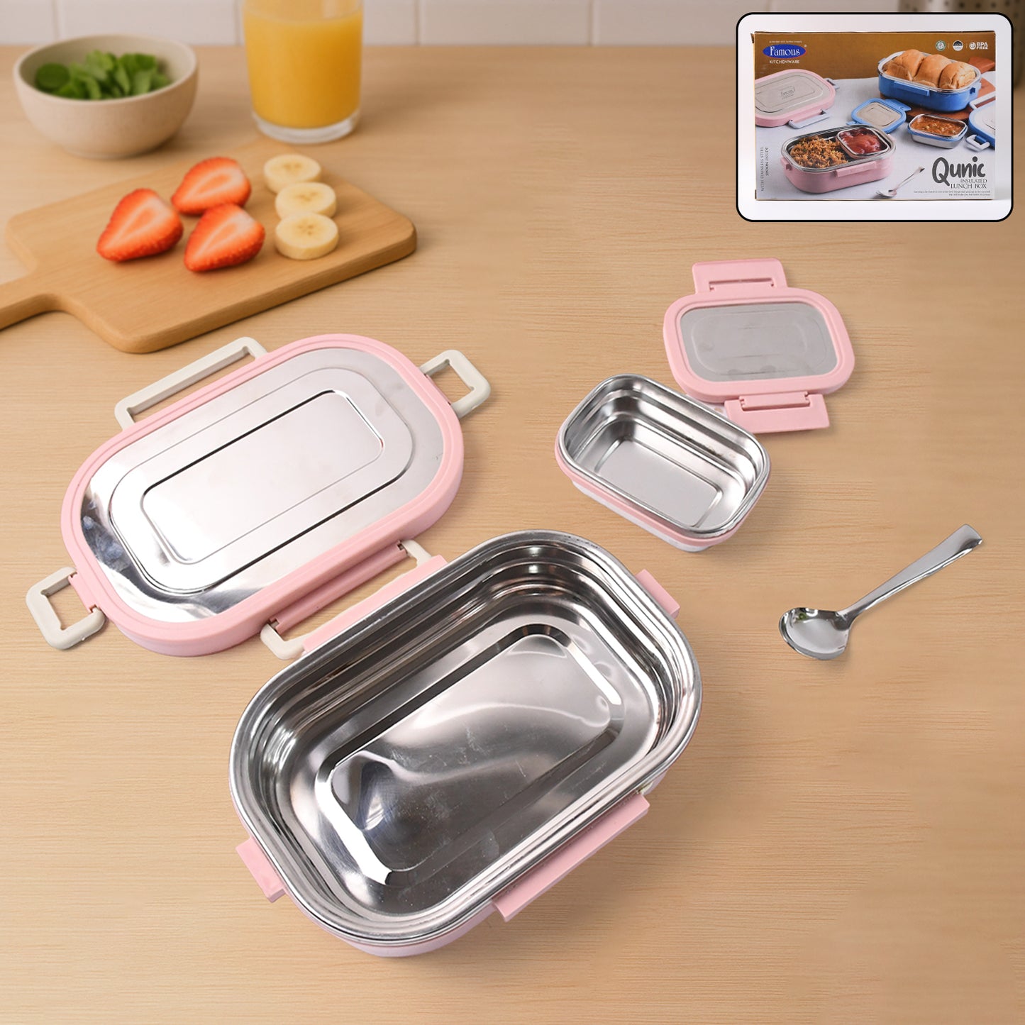 Top view of Qunic stainless steel lunch box with compartments and secure locking lid