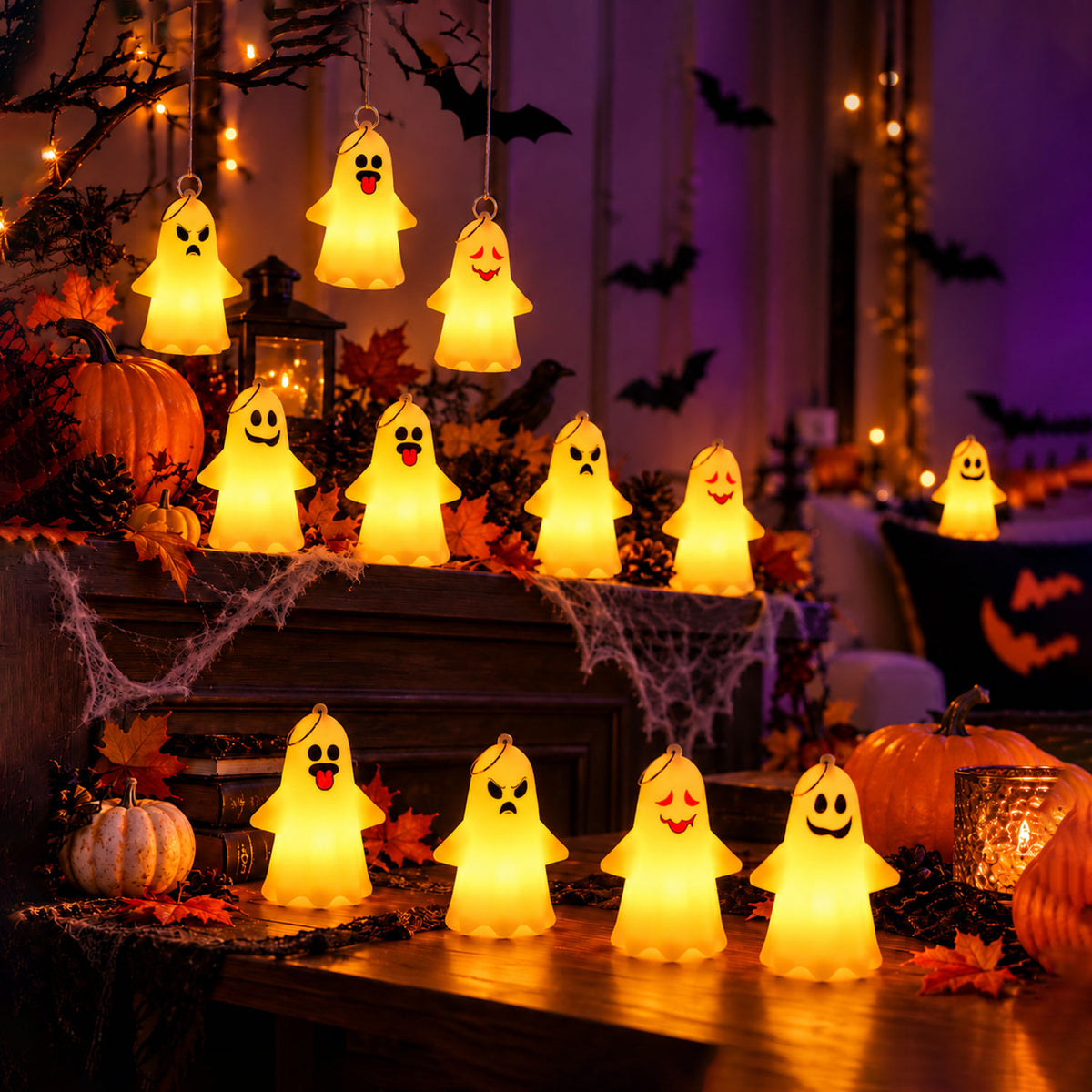 Cute Ghost LED Night Lamps for Halloween Table and Hanging Decor (12 Pc Set)
