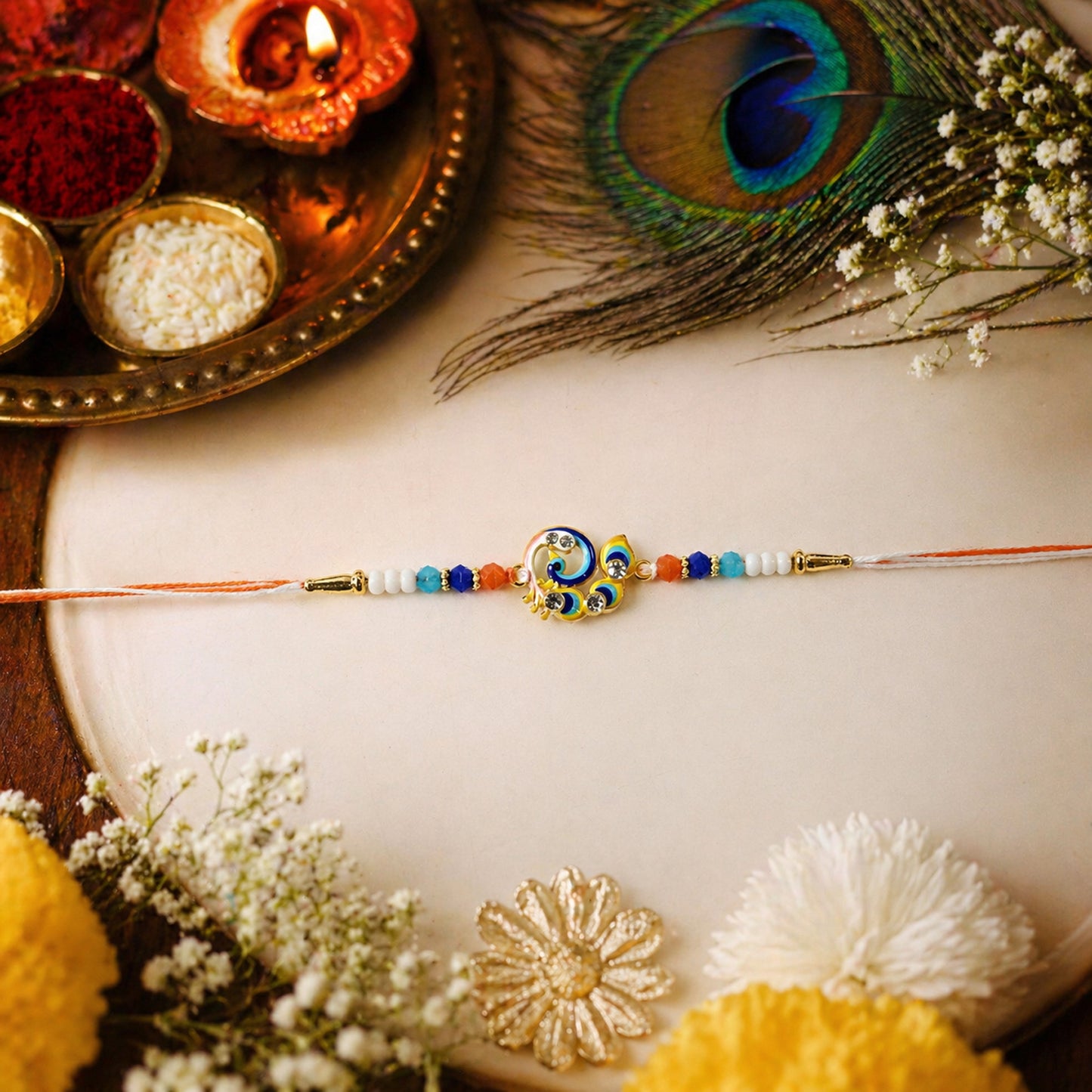 Soft thread Rakhi with peacock design