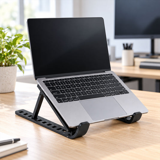 A silver laptop rests on a black adjustable stand, angled on a light wooden desk next to a green plant.