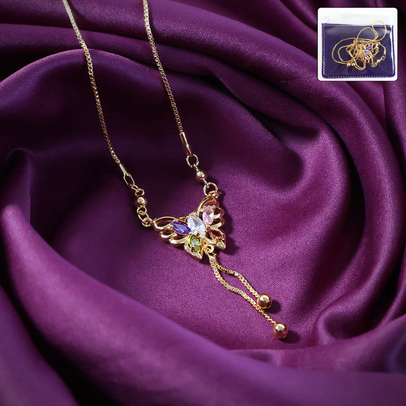 Gold-Plated Butterfly Pendant Necklace with Multicolor Crystals for Women