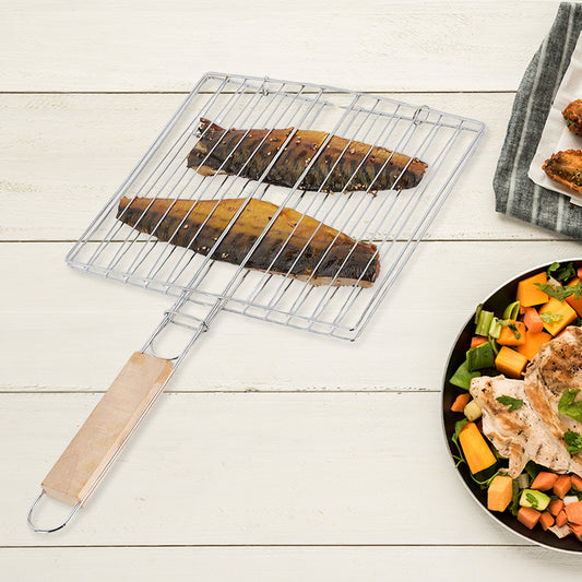 2378 કિચન સ્ક્વેર રોસ્ટર પાપડ ગ્રીલ લાકડાના હેન્ડલ સાથે બરબેકયુ ગ્રીલ